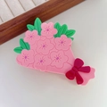 Pinza per capelli con bouquet di fiori rosa, foglie verdi e fiocco rosso carino - Bouquet