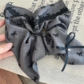 Grey lace bow scrunchie with black pattern and small heart pendant for ponytails - Square Bowknot Hair Tie