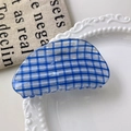 Detailed view of blue and white gingham resin hair claw clip on white ceramic plate - About 8x4 / Blue Checkered