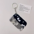 Minimalist square acetate comb keychain with black and white marble pattern and silver ring - Gold Chain / 4# Black and White