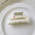 Pinza per capelli a fiori con fiocchi rosa e motivo a quadri blu in acrilico - Serie Crema - Rettangolo Beige