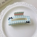 Molla per capelli a scacchi blu e bianchi con fiocco nero e pizzo rosa - Serie Crema - Rettangolo Blu