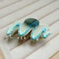 Light green hair claw clip with blue and white wavy checkered pattern for ponytails - Lightning Cream (20#)