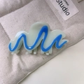 Elegant pale green acetate hair claw with blue wavy lines on a soft cream background - Lightning Milk White (22#)