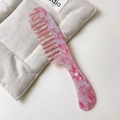 Pink and white marble texture acetate wide-tooth hair comb with ergonomic handle - Pink & White
