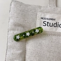 Vintage green rhinestone floral hair clip with white flowers on acetate duckbill barrette - Green