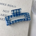 Dettaglio macro di una grande pinza per capelli a quadretti blu e bianchi con molla - Stile Rettangolare