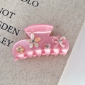 Molla per capelli rosa in acetato con fiori 3D, fiocchi e strass lucidi incastonati - Rosa