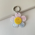 Sparkly acrylic sunflower smiley face keychain with pink and blue petals and silver ring - Blue Pink