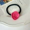 Detail of elegant pink resin rose charm on high-elasticity black hair tie for women - Rose Red