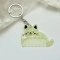 Detail shot of mini cat-shaped hair comb keychain with marble green acetate texture - Approx: 5.4cm*3.7cm / Silver Chain - Green