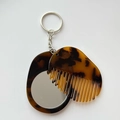Multifunctional tortoiseshell acetate mirror and comb keychain set with silver ring - 5.9cmx4.7cm / Tortoise