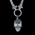 Gothic punk skull and fleur-de-lis pendant necklace with heavy chunky chain in retro silver - Black Zirconia White Eye Skull Pendant With Woven Chain