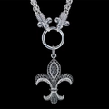Gothic silver fleur-de-lis pendant necklace with pavé black stones and ram head link - Black Zirconia Fleur-De-Lis Pendant With Woven Chain