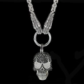Gothic skull pendant necklace with black rhinestones and double dragon head steel chain - White Eye Skull with Byzantine Chain / Black
