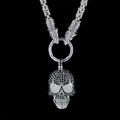 Gothic skull pendant necklace with wolf heads and crystal inlay on byzantine chain - Black And White Rhinestone Skull (With Chain)