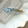 Blue plaid acetate hair clip with 3D white flowers and golden rhinestones detail - Flower Blue Plaid Style
