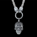 Gothic punk necklace with large black rhinestone skull pendant and silver Byzantine chain - Pendant with Chain / Black Zircon Black Eye Skull Style (w3226)