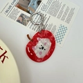 Creative apple-shaped cat keychain made of red acetate marble texture with metal ring - Red Apple Cat