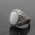 Vintage stainless steel ring with oval white cat eye stone and textured retro band design - Size 7 / Steel Base White Cat's Eye Stone