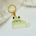 Cute teal marble pattern cat-shaped mini hair comb keychain for bags and styling - Approx: 5.4cm*3.7cm / Gold Chain - Green