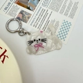 Cute white cat acetate keychain with marble texture and pink bow on magazine background - White Bowknot Cat