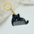 Cute black marble acrylic cat hair comb keychain with golden ring for bag charm - Approx: 5.4cm*3.7cm / Gold Chain - Black