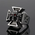 Punk style titanium steel skull ring with red cubic zirconia eyes on iron cross base - Size 7 / Antique Silver
