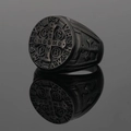 Bague médaille de Saint Benoît pour homme en acier titane antique avec reflet - Taille 7 / Noir