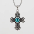 Collier gothique en acier inoxydable avec pendentif croix et œil maléfique bleu au centre - Pendentif Bleu Avec Chaîne