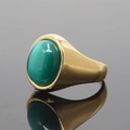 Gouden roestvrijstalen ring met een grote ovale groene kattenoog edelsteen - Gouden Basis Groene Kattenoog