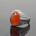 Herren-Ring aus Titanstahl im Punk-Stil mit großem ovalem rotem Achat und Streifenmuster - Größe 7 / Silberton Oranger Chalcedon
