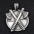 Nordic Viking necklace with crossed axes and round shield pendant in vintage steel - Pendant Only (Without Chain)