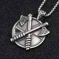Nordic Viking double axe and shield pendant necklace in retro silver stainless steel - Pendant With Box Chain
