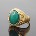 Men's vintage golden titanium ring with a large oval green gemstone inlay - Size 7 / Gold Tone Green Chalcedony Style