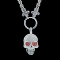 Punk silver necklace with skull pendant encrusted in white crystals and ram head link - White Zirconia Red Eye Skull Pendant With Woven Chain