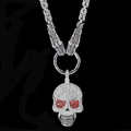 Skull pendant necklace with white crystals, red eyes and thick woven snake chain - Red Eye Skull with Byzantine Chain / White