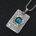 Collier vintage en acier avec pendentif rectangulaire craquelé et pierre d'œil bleu - Pendentif Seul (Sans Chaîne) / Style Bleu (c61)