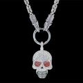 Gothic silver skull pendant necklace with red rhinestone eyes and thick wolf head chain - White Rhinestone Red Eye Skull (With Chain)
