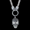 Punk street style skull pendant necklace with black rhinestones and Byzantine chain - Pendant with Chain / Black Zircon White Eye Skull Style (w3226)