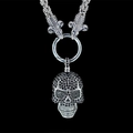 Punk necklace with black zircon skull pendant, goat head charms and thick curb chain - Black Zirconia Black Eye Skull Pendant With Woven Chain