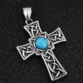 Retro-Keltenkreuz-Anhänger aus Silberstahl mit Türkis-Inlay und Vintage-Gravuren - Nur Anhänger (Keine Kette)