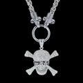 Gothic punk silver necklace with iced-out skull pendant and dual goat head chain details - Sunglasses White Zirconia Skull Crossbone Pendant With Woven Chain