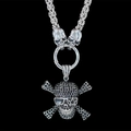 Gothic punk skull crossbones necklace with black zircons on silver Byzantine chain - Pendant with Chain / Style X Black Zircon Sunglasses Skull Style (w3226)