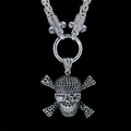 Punk silver necklace featuring a goat head link and black crystal-encrusted skull pendant - Sunglasses Black Zirconia Skull Crossbone Pendant With Woven Chain