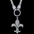 Gothic punk silver necklace with oversized rhinestone fleur-de-lis and skull accents - Pendant with Chain / Black Base White Zircon Fleur-de-lis Style (w3226)