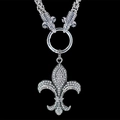 Gothic rocker fleur-de-lis pendant necklace with pavé crystals and dual goat head chain - Black Base White Zirconia Fleur-De-Lis Pendant With Woven Chain