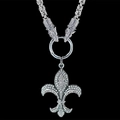 Collier tête de loup gothique argenté avec pendentif fleur de lys en cristal étincelant - Fleur de Lys Strass Blanc Fond Noir (Avec Chaîne)
