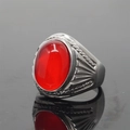 Vintage stainless steel ring featuring a large oval red gemstone cabochon - Size 7 / Silver Base Red Glass Stone