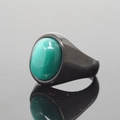 Vintage roestvrijstalen ring met zwarte band en een grote groene kattenoog edelsteen - Zwarte Basis Groene Kattenoog